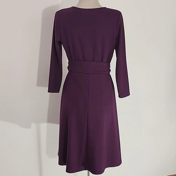 Lands' End Dress A-Line Stretchy Faux Belt 3/4 Sleeve Plum Size 4 - Picture 7 of 12